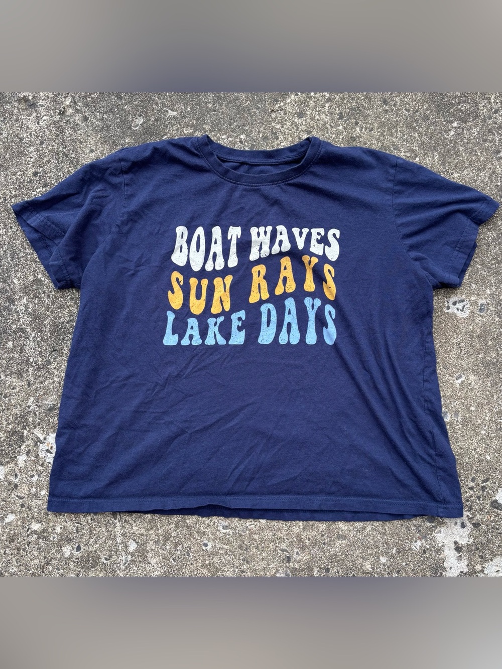 Navy Graphic Tee "Boat Waves Sun Rays Lake Days"